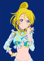Rule 34 | 1girl, aqua belt, artist request, ayase eli, belt, blonde hair, blue eyes, blush, breasts, dress, earrings, female focus, frilled dress, frills, hair between eyes, hand on own hip, jewelry, johnny (pixiv16394202), long hair, long sleeves, looking at viewer, love live!, love live! school idol project, medium breasts, parted lips, ponytail, puffy long sleeves, puffy sleeves, scrunchie, smile, solo, white detached collar, wrist scrunchie, yellow detached collar, yellow scrunchie
