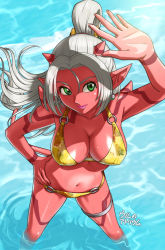 Rule 34 | 1girl, bikini, breasts, colored skin, contrapposto, dragon quest, dragon quest x, earrings, hand on own hip, horns, jewelry, large breasts, long hair, ocean, ogre (dq10), pink lips, pointy ears, ponytail, red skin, shoulder spikes, smile, solo, spikes, standing, swimsuit, tail, tattoo, thigh strap, ur (wulfa), very long hair, wet, white hair