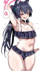 Rule 34 | 1girl, absurdres, anger vein, animal ears, arm behind head, armpits, bare shoulders, bikini, bikini skirt, black bikini, black hair, blue archive, blue ribbon, blush, breasts, cat ears, cowboy shot, fang, hair ribbon, halo, highres, long hair, looking at viewer, navel, open mouth, red eyes, red halo, ribbon, serika (blue archive), serika (swimsuit) (blue archive), simple background, small breasts, solo, speech bubble, spoken anger vein, stomach, swimsuit, twintails, white background, woo (woosan)