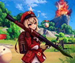 Rule 34 | 1girl, :3, absurdres, artist name, backpack, bag, blonde hair, blue sky, brown gloves, cabbie hat, cloud, clover, commentary, crossed bangs, english commentary, explosion, fence, forest, from side, genshin impact, gloves, hair between eyes, hat, hat feather, high-explosive anti-tank (warhead), highres, holding, holding weapon, jumpy dumpty, klee (genshin impact), long hair, long sleeves, looking at viewer, man-portable anti-tank systems, mountain, mountainous horizon, nature, outdoors, pointy ears, red eyes, red headwear, rocket-propelled grenade, rocket (projectile), rocket launcher, rpg, rpg-7, rpg (weapon), sidelocks, sky, smile, trigger discipline, upper body, watermark, weapon, yuevuo