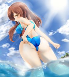 Rule 34 | 10s, 1girl, ass, breasts, cameltoe, cleft of venus, cloud, female focus, highres, idolmaster, idolmaster cinderella girls, kurokoshou (emuburemu123), long hair, looking at viewer, looking back, nitta minami, one-piece swimsuit, outdoors, shiny clothes, shiny skin, sky, solo, swimsuit, water
