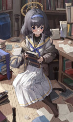 Rule 34 | 1girl, absurdres, black hair, black pantyhose, black shirt, blue archive, blue hairband, blue neckerchief, blush, book, bookshelf, cardigan, crumpled paper, full body, grey cardigan, hairband, halo, highres, holding, holding book, indoors, jewelry, long hair, looking at viewer, messy room, neckerchief, necklace, no shoes, pantyhose, pleated skirt, sailor collar, school uniform, serafuku, shirt, skirt, solo, toi1et paper, twintails, ui (blue archive), very long hair, white serafuku, wooden floor