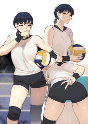 Rule 34 | 1girl, absurdres, ah-lyong lee, arm behind back, ass, ball, bent over, bike shorts, black hair, black shorts, blush, commentary, contrapposto, earrings, elbow pads, from behind, hand up, highres, holding, holding ball, jewelry, knee brace, knee pads, light blush, looking at viewer, mixed-language commentary, multiple views, original, ponytail, shirt, short hair, shorts, sportswear, standing, sweat, thighs, volleyball, volleyball (object), volleyball uniform, white shirt, wiping mouth, wiping sweat, wristband