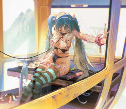Rule 34 | 1girl, absurdres, aqua hair, arrow (symbol), blush, body writing, breasts, cable car, closed eyes, collar, condom, cum, exhibitionism, feet out of frame, female focus, ferris wheel, ferris wheel interior, gagged, gloves, hair between eyes, hatsune miku, highres, long hair, medium breasts, nipples, open mouth, public indecency, sex toy, sitting, slave, solo, steam, tally, thighhighs, twintails, used condom, very long hair, vocaloid, ying yi