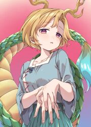 Rule 34 | 1girl, antlers, blonde hair, blue shirt, blush, collared shirt, commentary request, dragon horns, dragon tail, e sdss, fingernails, green skirt, highres, horns, kicchou yachie, looking at viewer, open mouth, red eyes, shirt, short hair, short sleeves, skirt, solo, tail, touhou, turtle shell, upper body, yellow horns