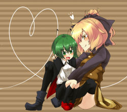 Rule 34 | 2girls, :p, antennae, bad id, bad pixiv id, black legwear, blonde hair, blush, boots, bow, cape, female focus, green eyes, green hair, hair bow, hati105, heart, heart of string, kurodani yamame, looking down, multiple girls, open mouth, ponytail, short hair, size difference, smile, sweatdrop, thighhighs, tongue, tongue out, touhou, wriggle nightbug, yellow eyes