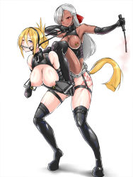 Rule 34 | 2girls, anal tail, arms behind back, bdsm, bit gag, blonde hair, blue eyes, body harness, boots, breasts, butt plug, collar, corset, dark-skinned female, dark skin, fake tail, femdom, gag, gagged, gloves, harness, head harness, heel-less shoes, horse girl, large breasts, latex, latex gloves, latex legwear, leash, licking lips, maron (kagamikunn), multiple girls, nipple piercing, nipples, piercing, pony play, red eyes, riding, riding crop, sex toy, sitting, standing, tail, thighhighs, tongue, tongue out, whip marks, whipping, white background, white hair, yuri