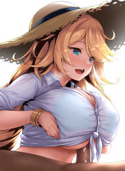 Rule 34 | 1boy, 1girl, blonde hair, blue eyes, blush, bracelet, breasts, breasts squeezed together, censored, cleavage, collared shirt, cum, dress shirt, duel masters, duel masters play&#039;s, elena (duel masters), hat, hetero, highres, jewelry, large breasts, long hair, long sleeves, mosaic censoring, open mouth, paizuri, paizuri under clothes, penis, shirt, sleeves rolled up, smile, solo focus, straw hat, swept bangs, tied shirt, underboob, uni8, white shirt
