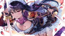 Rule 34 | 1girl, black hair, bracer, breasts, cleavage, dual wielding, floating hair, hair between eyes, highres, holding, holding sword, holding weapon, iris mysteria!, katana, large breasts, legs together, long hair, looking at viewer, parted lips, petals, pink eyes, pointy ears, sanpaku, sanshoku amido, scabbard, sheath, solo, sword, unsheathed, weapon