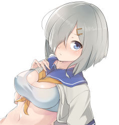 Rule 34 | 10s, 1girl, between breasts, blue eyes, bra, breast suppress, breasts, cleavage, clothes lift, female focus, hair ornament, hair over one eye, hairclip, hamakaze (kancolle), kantai collection, konnyaku (kk-monmon), large breasts, sailor collar, shirt lift, silver hair, simple background, solo, sports bra, underwear, white background