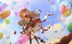 Rule 34 | 1girl, absurdres, ahoge, arknights, ash-c, asymmetrical legwear, balloon, black bow, black bowtie, black footwear, blue eyes, boots, bouquet, bow, bowtie, brown hair, feather hair, feet up, flower, frilled skirt, frills, gloves, head tilt, heart balloon, highres, holding, holding bouquet, jacket, knee boots, kneehighs, long hair, looking at viewer, mole, mole under eye, official alternate costume, parted lips, pinecone (arknights), pinecone (sing a song) (arknights), red jacket, red skirt, red thighhighs, shirt, short sleeves, single sock, single thighhigh, skirt, smile, socks, solo, thighhighs, twintails, white flower, white gloves, white shirt, yellow flower