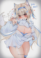 Rule 34 | 1girl, @ @, absurdres, animal ear fluff, animal ears, blonde hair, blue hair, breasts, cleavage, cleavage cutout, clothes lift, clothing cutout, dog ears, dog girl, dog tail, dress, dress lift, fuwawa abyssgard, fuwawa abyssgard (1st costume), hair ornament, highres, hololive, hololive english, keisea, large breasts, long hair, multicolored hair, pink eyes, puffy sleeves, solo, streaked hair, sweat, tail, thick thighs, thighs, virtual youtuber, white dress