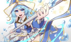 Rule 34 | 1girl, armpits, blue dress, blue eyes, blue hair, braid, breast strap, breasts, detached sleeves, dillo (smootharmadillo), dress, duel monster, elf, foreshortening, hat, highres, holding, holding staff, large breasts, long hair, looking at viewer, pointy ears, side braid, signature, skirt, smile, solo, staff, thighhighs, water, water drop, water enchantress of the temple, witch hat, yu-gi-oh!, zettai ryouiki