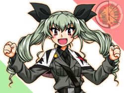Rule 34 | 1girl, :d, anchovy (girls und panzer), anzio (emblem), anzio military uniform, belt, black necktie, black shirt, clenched hands, commentary, dress shirt, drill hair, emblem, flag background, girls und panzer, green hair, grey jacket, grin, italian flag, jacket, long hair, long sleeves, looking at viewer, military, military uniform, necktie, oosaka kanagawa, open mouth, red eyes, sam browne belt, shirt, smile, solo, twin drills, twintails, uniform, upper body, v-shaped eyebrows, w arms, wing collar