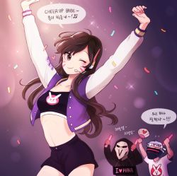 Rule 34 | 1girl, 2boys, ;), animal print, arms up, bad id, bad twitter id, black shorts, blush, brown eyes, brown hair, buttons, character name, cheering, closed mouth, coat, collarbone, commentary request, cowboy shot, crop top, cropped jacket, d.va (overwatch), facepaint, facial mark, fingernails, hand fan, headband, headset, heart, hood, hooded jacket, jacket, korean text, light stick, long hair, looking at viewer, mask, midriff, mouth mask, multiple boys, navel, one eye closed, overwatch, overwatch 1, paper fan, perio 67, purple jacket, rabbit print, reaper (overwatch), scar, scar across eye, scar on face, shirt, short hair, short sleeves, shorts, skull mask, smile, soldier: 76 (overwatch), speech bubble, spoken heart, stomach, text focus, translated, trench coat, twice (group), visor, whisker markings, white hair, white shirt