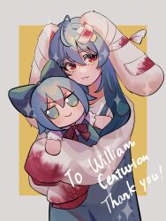 Rule 34 | @ @, ahoge, bandages, blood, blood on clothes, blood stain, blue bow, blue dress, blue hair, border, bow, cheek press, cirno, doll, dress, fumo (doll), hair between eyes, hair bow, highres, holding, holding doll, indie virtual youtuber, konoha217, long hair, para (vtuber), red bow, red eyes, shirt, sleeves past fingers, sleeves past wrists, touhou, upper body, very long hair, white border, white shirt, yellow background