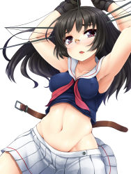 Rule 34 | 10s, 1girl, amau (kosmos), armpits, arms up, black hair, breasts, brown eyes, choukai (kancolle), clothes pull, collarbone, glasses, gloves, groin, headgear, kantai collection, lying, navel, on back, open mouth, school uniform, serafuku, skirt, skirt pull, solo, stomach
