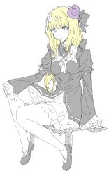 Rule 34 | 1girl, absurdres, bad id, bad twitter id, black bow, black bowtie, black dress, black footwear, blonde hair, blue eyes, bow, bowtie, copyright request, donguri suzume, dress, flower, full body, hair flower, hair ornament, high heels, highres, invisible chair, layered sleeves, long hair, long sleeves, looking at viewer, mouth hold, short over long sleeves, short sleeves, sitting, solo
