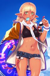 Rule 34 | 1girl, adapted costume, artist name, black sports bra, blonde hair, blue sky, blunt bangs, breasts, brown jacket, cleavage, cloud, commentary request, covered erect nipples, cowboy shot, day, denim, denim shorts, envenomist (gengoroumaru), food, food in mouth, gluteal fold, green eyes, hand up, highres, holding, holding removed eyewear, hood, hooded jacket, innertube, jacket, long sleeves, looking at viewer, medium breasts, midriff, mizuhashi parsee, mouth hold, navel, open clothes, open jacket, outdoors, pointy ears, popsicle, red-framed eyewear, scarf, shiny skin, short hair, short shorts, shorts, sky, smile, solo, sports bra, standing, stomach, sunglasses, swim ring, tan, thighs, touhou, twitter username, unworn eyewear, white scarf, wide sleeves, wrist cuffs