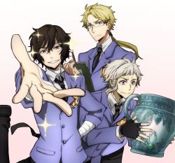 Rule 34 | 10s, 3boys, bandages, brown eyes, brown hair, bungou stray dogs, cioccolatodorima, clipboard, dazai osamu (bungou stray dogs), fingerless gloves, glasses, gloves, gradient background, hand on own hip, kunikida doppo (bungou stray dogs), male focus, miyano mamoru, multiple boys, nakajima atsushi (bungou stray dogs), necktie, official style, ouran high school host club, outstretched hand, pink background, ponytail, purple eyes, school uniform, smile, sparkle, suou tamaki, vase, voice actor connection, white hair