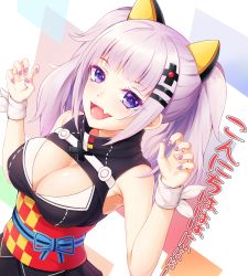 Rule 34 | 1girl, :d, animal ears, armpits, bare shoulders, black dress, blue ribbon, blunt bangs, blush, breasts, cat ears, claws, cleavage, colored eyelashes, dress, dutch angle, fang, fingernails, hair ornament, hairclip, hands up, highres, kaguya luna, large breasts, lips, long fingernails, long hair, looking at viewer, multicolored background, nail polish, obi, open mouth, pink hair, purple eyes, ribbon, sash, sleeveless, sleeveless dress, smile, solo, sweatband, the moon studio, translation request, twintails, underbust, upper body, virtual youtuber, w arms, white ribbon, yuunagi (0217)