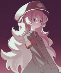 Rule 34 | 1girl, armband, atat250, black hat, black shirt, blue archive, closed mouth, commentary request, cowboy shot, crossed bangs, expressionless, gradient background, grey eyes, hair between eyes, hat, highres, iroha (blue archive), long hair, long sleeves, messy hair, military hat, peaked cap, pink hair, pink theme, purple background, shirt, solo, very long hair