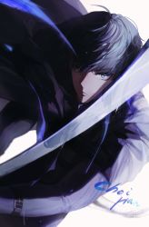 Rule 34 | 1boy, black eyes, black hair, cape, character name, choi han, highres, korean commentary, long sleeves, looking at viewer, lout of count&#039;s family, male focus, mua, serious, short hair, solo, swinging, sword, weapon, white background