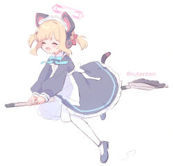 Rule 34 | 1girl, animal ear headphones, animal ears, apron, black dress, black footwear, blonde hair, blue archive, blush, cat ears, cat tail, closed eyes, dress, fake animal ears, full body, halo, headphones, highres, long sleeves, maid, maid headdress, momoi (blue archive), momoi (maid) (blue archive), official alternate costume, open mouth, pantyhose, pink halo, puffy long sleeves, puffy sleeves, ruten (onakasukusuku), shoes, short hair, simple background, smile, solo, tail, twitter username, white apron, white background, white pantyhose