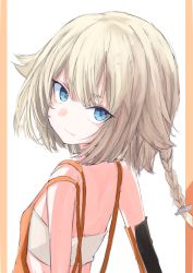 Rule 34 | 1girl, absurdres, blue eyes, braid, cevio, chest sarashi, commentary, dress, elbow gloves, fang, from behind, gloves, hair flaps, highres, light smile, looking at viewer, looking back, one (cevio), orange dress, piennamekuzi, platinum blonde hair, sarashi, short hair, single glove, skin fang, solo, spaghetti strap, tsurime, upper body, white background