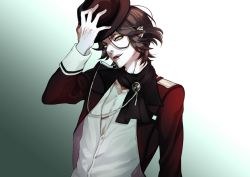 Rule 34 | 10s, 1boy, arm up, babo110pixiv, brown hair, collarbone, diabolik lovers, fang, gradient background, green eyes, hat, jacket, looking at viewer, male focus, mole, mole under mouth, open mouth, pale skin, piercing, sakamaki laito, scarf, simple background, smile, solo, tongue, tongue out, unbuttoned, uniform, upper body, v-neck, vampire