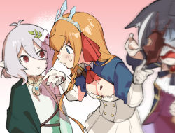 Rule 34 | 3girls, :x, animal ears, antenna hair, ascot, black hair, blue eyes, blush, boned meat, braid, breasts, brooch, brown eyes, cat ears, cat girl, cleavage, dress, elf, fang, flower, food, gloves, gradient background, grey hair, hair between eyes, hair flower, hair ornament, highres, holding, holding food, jewelry, karyl (princess connect!), kokkoro (princess connect!), long hair, looking at another, meat, muchi maro, multicolored hair, multiple girls, orange hair, pecorine (princess connect!), pointy ears, princess connect!, red ascot, short hair, side braid, sleeveless, sleeveless dress, streaked hair, tiara, two-tone hair, upper body, white flower, white hair