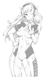 Rule 34 | 1girl, ;), bodysuit, breasts, covered navel, d.va (overwatch), facial mark, finger to mouth, ge-b, greyscale, hand on own hip, headphones, long hair, medium breasts, monochrome, one eye closed, overwatch, overwatch 1, pilot suit, sketch, smile, solo, whisker markings