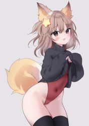 Rule 34 | 1girl, animal ears, annytf, anyuu, black sweater, black thighhighs, blush, brown eyes, brown hair, clothes lift, commentary, covered navel, english commentary, fox ears, fox girl, fox tail, grey background, groin, hair between eyes, hair ornament, heavy breathing, highleg, highleg leotard, highres, indie virtual youtuber, leotard, leotard under clothes, lifting own clothes, long hair, looking at viewer, open mouth, red leotard, simple background, solo, star (symbol), star hair ornament, sweater, sweater lift, tail, thighhighs, turtleneck, turtleneck sweater, two side up, virtual youtuber