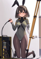 Rule 34 | 1girl, absurdres, animal ears, arknights, black footwear, black hair, breasts, brown pantyhose, elbow gloves, fake animal ears, flying sweatdrops, full body, gloves, green leotard, green sweater, high heels, highres, kneeling, leotard, looking ahead, looking at viewer, magallan (arknights), mask, mask around neck, medium breasts, mouth mask, multicolored hair, nontraditional playboy bunny, pantyhose, rabbit ears, short hair, sigm@, single glove, solo, straight-on, streaked hair, sweater, two-tone hair, white gloves, white hair, yellow eyes