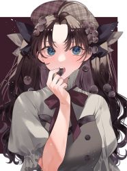 Rule 34 | 1girl, ahoge, alternate costume, black ribbon, blue eyes, buttons, commentary request, dress, eating, fate/stay night, fate (series), fingernails, food, food-themed hair ornament, food in mouth, food on head, fruit, fruit on head, grape hair ornament, grapes, grey dress, grey hat, hair ornament, hair ribbon, hat, highres, holding, holding food, holding fruit, lips, long hair, looking at viewer, neck ribbon, object on head, open mouth, parted lips, pink lips, plaid, plaid headwear, puffy sleeves, purple ribbon, ribbon, shimatori (sanyyyy), short sleeves, solo, teeth, tohsaka rin, two side up, upper body, upper teeth only