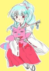 Rule 34 | 00s, 1girl, arrow (projectile), galaxy angel, green hair, high ponytail, japanese clothes, long hair, looking at viewer, lowres, miko, normad, ponytail, red eyes, simple background, solo, tagme, vanilla h, yellow background