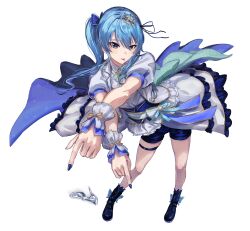 Rule 34 | absurdres, blue eyes, blue footwear, blue hair, blue nails, blue ribbon, blue shorts, boots, full body, hair between eyes, hair ornament, hair ribbon, hairclip, highres, hololive, hoshimachi suisei, long hair, nail polish, puffy short sleeves, puffy sleeves, ribbon, sakazuki sudama, short sleeves, shorts, side ponytail, sidelocks, simple background, star (symbol), star in eye, symbol in eye, thigh strap, tongue, tongue out, transparent background, wrist cuffs