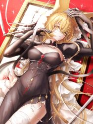 Rule 34 | 1girl, 3 (sanyako1), absurdres, animal ears, arknights, black dress, black gloves, black ribbon, blonde hair, breasts, cleavage, commentary, cowboy shot, dorothy (arknights), dorothy (hand of destiny) (arknights), dress, gloves, headdress, highres, holding, holding ribbon, jewelry, long hair, long sleeves, looking at viewer, lying, medium breasts, mouse ears, mouse girl, multiple rings, necklace, official alternate costume, on back, pearl necklace, picture frame, red background, ribbon, ring, side slit, simple background, solo, sparkle, thighhighs, veil, very long hair, white thighhighs, yellow eyes