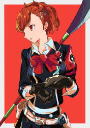 Rule 34 | 1girl, absurdres, adjusting clothes, adjusting gloves, armband, armor, belt, belt pouch, black gloves, bow, brown hair, collared shirt, evoker, gekkoukan high school uniform, gloves, hair ornament, hairclip, highres, looking to the side, naginata, pekeponn, persona, persona 3, persona 3 portable, persona 3 reload, polearm, ponytail, pouch, red background, red bow, red eyes, s.e.e.s, school uniform, shiomi kotone, shirt, shoulder armor, simple background, solo, weapon