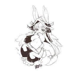 Rule 34 | 1other, animal ears, blush, dated, ears through headwear, ejami, furry, hat, helmet, long hair, looking at viewer, made in abyss, monochrome, nanachi (made in abyss), navel, signature, simple background, solo, tail, white background