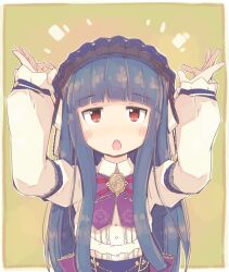 Rule 34 | 1girl, arms up, blue hair, blunt bangs, blush, dot nose, double ok sign, flat chest, green background, hat, idolmaster, idolmaster cinderella girls, idolmaster cinderella girls starlight stage, jewelry, long hair, long sleeves, looking at viewer, ok sign, open mouth, osuton, pendant, red eyes, sajo yukimi, shirt, simple background, solo, upper body, white shirt