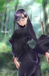 Rule 34 | 1girl, absurdres, ass, ass focus, closed mouth, commentary request, from behind, glasses, gloves, hammer, highres, holding, holding hammer, huge ass, jacket, jacket on shoulders, long hair, long sleeves, looking back, minakata hizuru, monochrome, pants, simple background, sledgehammer, solo, summertime render