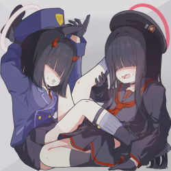 Rule 34 | 2girls, beret, black gloves, black hair, blue archive, blunt bangs, box, demon horns, prefect team member (blue archive), extra, gloves, hair over eyes, halo, hat, highres, horns, in box, in container, justice task force member (blue archive), kanaeco25, long bangs, long hair, multiple girls, peaked cap, red halo, school uniform, short hair