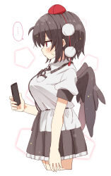 Rule 34 | ..., 1girl, absurdres, black hair, black ribbon, black skirt, black wings, blush, breasts, cellphone, closed mouth, collared shirt, cropped legs, dress shirt, feathered wings, frilled skirt, frills, from side, hair between eyes, hat, highres, holding, holding phone, large breasts, neck ribbon, phone, pleated skirt, profile, puffy short sleeves, puffy sleeves, red eyes, red hat, ribbon, shameimaru aya, shirt, short sleeves, simple background, skirt, solo, spoken ellipsis, sweat, tented shirt, tokin hat, totoharu (kujirai minato), touhou, white background, white shirt, wings