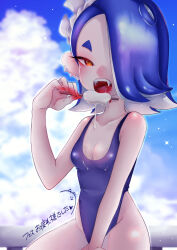 Rule 34 | 1girl, absurdres, blue sky, breasts, cleavage, eating, fangs, food, hair over one eye, highres, licking, looking at viewer, medium breasts, nintendo, octoling player character, one-piece swimsuit, open mouth, outdoors, popsicle, red eyes, shiver (splatoon), sky, solo, splatoon (series), splatoon 3, suggestive, swimsuit, tentacle hair, tongue, tongue out