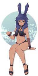 Rule 34 | 1girl, animal ears, warrior of light (ff14), bikini, black bikini, blue hair, blush, breasts, cleavage, closed mouth, commission, cup, dark-skinned female, dark skin, fictional persona, final fantasy, final fantasy xiv, flip-flops, full body, glasses, green eyes, halterneck, halterneck, highres, holding, holding cup, invisible chair, lamb-oic029, long hair, looking at viewer, medium breasts, messy hair, navel, rabbit ears, round eyewear, sandals, sitting, skeb commission, smile, solo, square enix, swimsuit, teacup, viera