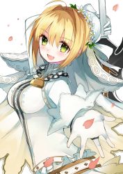 Rule 34 | 10s, 1girl, :d, aestus estus, ahoge, blonde hair, blush, bodysuit, breasts, bridal veil, chain, fate/extra, fate/extra ccc, fate (series), flower, gloves, green eyes, hair between eyes, hair flower, hair intakes, hair ornament, holding, holding sword, holding weapon, jewelry, large breasts, lock, looking at viewer, nero claudius (bride) (fate), nero claudius (fate), nero claudius (fate) (all), open mouth, outstretched arm, petals, ring, ry thae, short hair with long locks, sidelocks, simple background, smile, solo, sword, veil, weapon, white background, white flower, white gloves