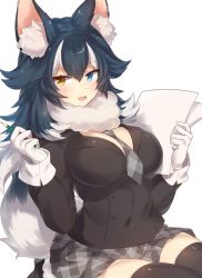 Rule 34 | 10s, 1girl, :3, :d, animal ears, bad id, bad twitter id, between breasts, black hair, blue eyes, blush, breasts, cowboy shot, gloves, grey skirt, grey wolf (kemono friends), hair flaps, hands up, heterochromia, holding, holding paper, holding pencil, kemono friends, large breasts, multicolored hair, necktie, necktie between breasts, open mouth, paper, pencil, plaid, plaid necktie, plaid neckwear, plaid skirt, pokoten (pokoten718), sitting, skirt, smile, solo, thighhighs, thighs, two-tone hair, upper body, white gloves, white hair, yellow eyes
