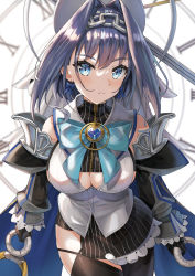 Rule 34 | 1girl, absurdres, alter (kxk7357), black gloves, black thighhighs, blue eyes, blue hair, bow, bow earrings, bowtie, breasts, chain, chain headband, cleavage cutout, clock, clock hands, closed mouth, clothing cutout, detached sleeves, earrings, gloves, hair intakes, halo, head chain, highres, holding, holding weapon, hololive, hololive english, jewelry, large breasts, looking at viewer, mechanical halo, miniskirt, ouro kronii, ouro kronii (1st costume), roman numeral, sailor collar, short hair, single thighhigh, skirt, solo, thighhighs, veil, virtual youtuber, weapon, zipper, zipper pull tab