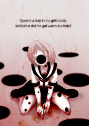 Rule 34 | 1girl, absurdres, blood, blood in hair, blood on hands, english text, engrish text, gradient background, highres, hole, hole in face, horror (theme), lol (artist), monochrome, muted color, original, pale skin, ranguage, sailor, school uniform, serafuku, sitting, solo, surreal, trypophobia, what